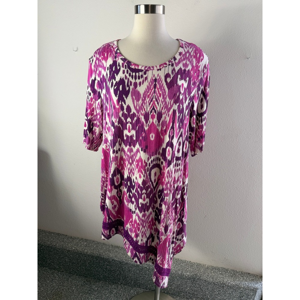 Chicos Womens Large Purple Ikat V Neck Tunic Top Asymmetrical Hem 3/4 Sleeve
